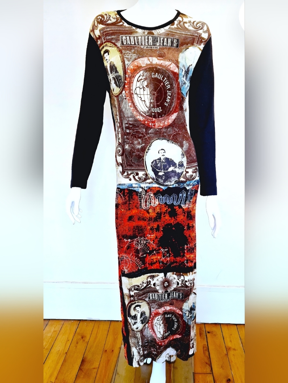 Vintage Gaultier Jeans Science Graphic Maxi Dress in Black and Orange Size 44